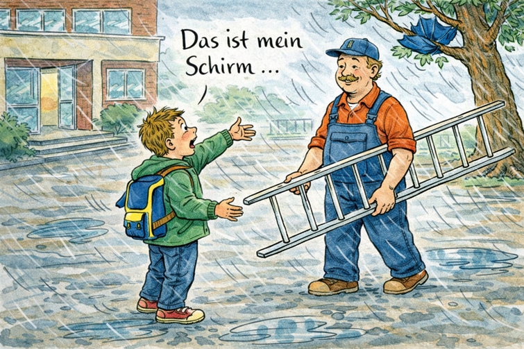 Bildergeschichte: Der fliegende Regenschirm, Tom holt Hilfe