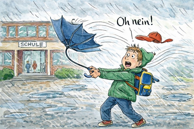 Bildergeschichte: Der fliegende Regenschirm, Wind und Regen