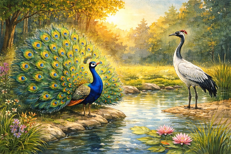 Fabel: Der Pfau und der Kranich