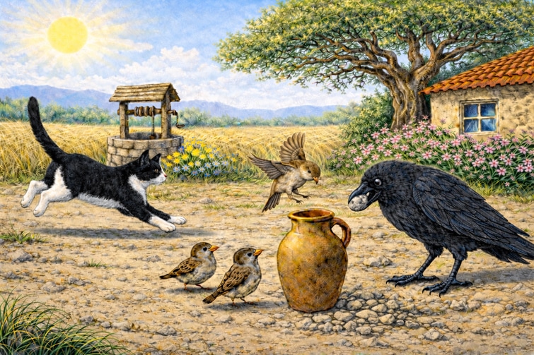 Fabel: Die Krähe und der Krug