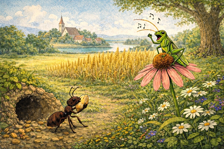 Fabel nach Aesop: Die Heuschrecke und die Ameise