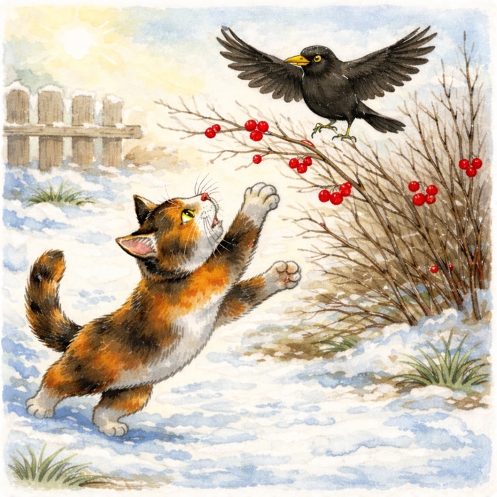 Klanggeschichte als Gute-Nacht-Geschichte: Der Pfützen-Trick, hier Katze mit Amsel