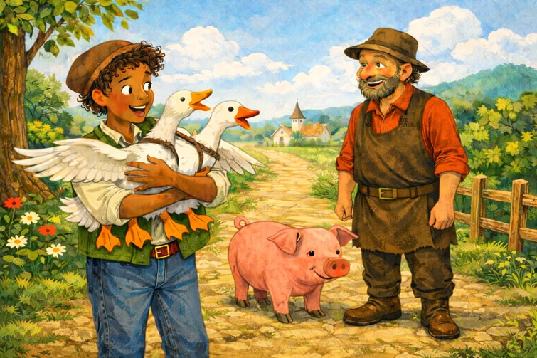 Märchen Hans im Glück, hier: Tausch Gänse gegen Schwein
