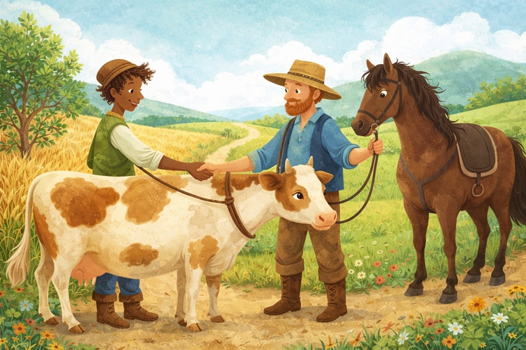 Märchen Hans im Glück, hier: Tausch Pferd gegen Kuh