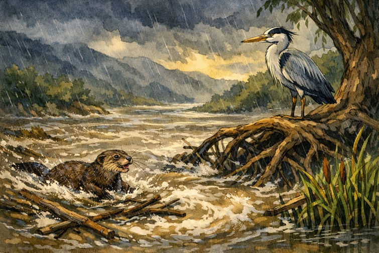 Fabel Der Otter und der Reiher im Unwetter
