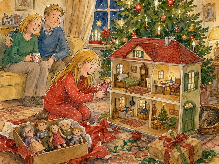 Heiligabend, die Bescherung mit Puppenhaus - Weihnachtsgeschichte
