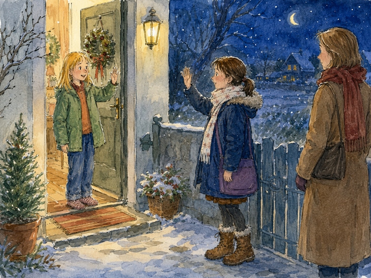 Der Reisbrei mit der Glücksmandel, Weihnachtsgeschichte, beide Mädchen verabschieden sich