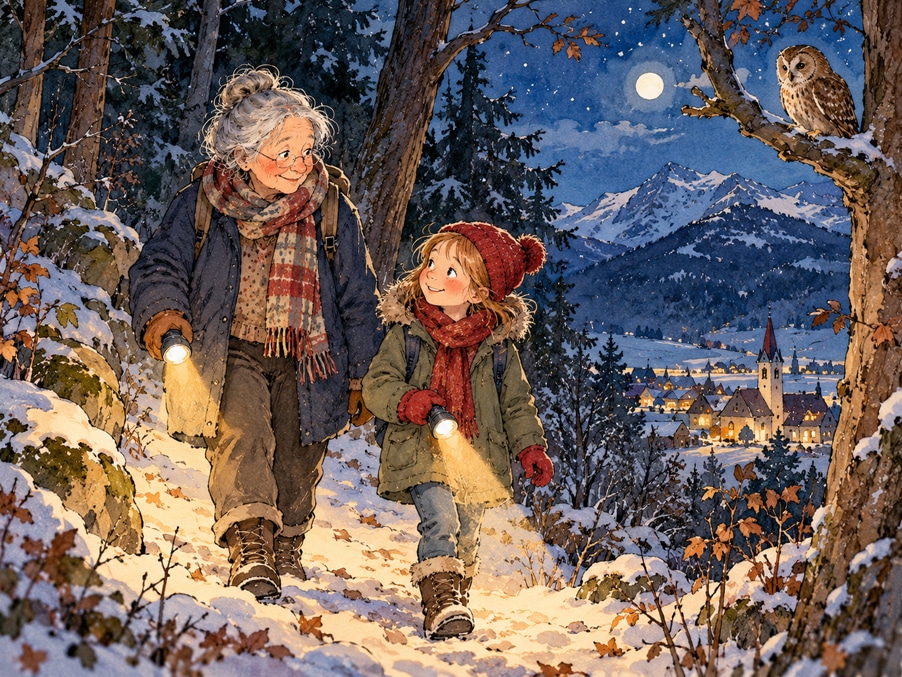 Die drei Herzenswünsche, Weihnachtsgeschichte, hier die Nachtwanderung
